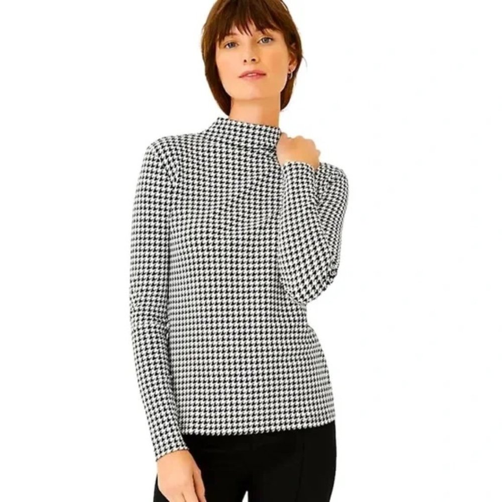 Ann Taylor Mock Neck Turtleneck Houndstooth Lightweight Top Tee